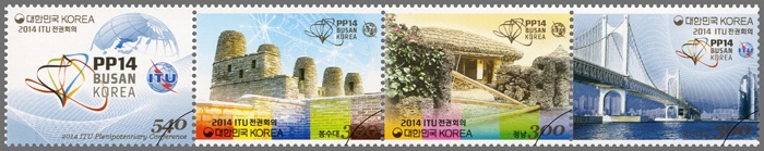 The commemorative stamps for the ITU Plenipotentiary Conference consist of four varied images of Korea. 