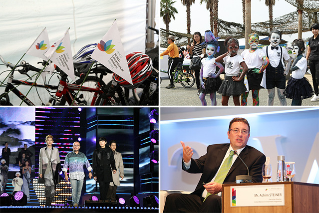 The 2012 IUCN World Conservation Congress is in full swing on Jeju Island. Pictured are (clockwise from top left) bicycles for use by participants, children enjoying outdoor festivities, United Nations Environmental Programme Executive Director Achim Steiner participating in the World Leaders Dialogue event, and designer Lie Sang Bong onstage during a concert on September 8 that also featured K-pop performances (photos courtesy of IUCN).