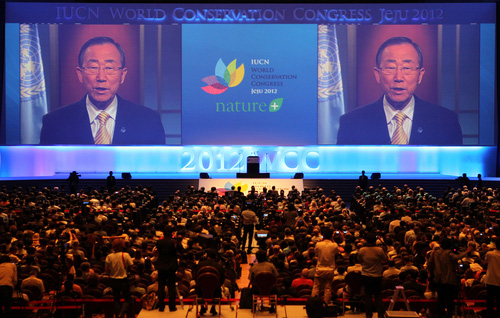 Secretary-General of the United Nations Ban Ki-Moon delivers a video message at the opening ceremony of the 2012 IUCN World Conservation Congress on September 6 (photo: Yonhap News).
