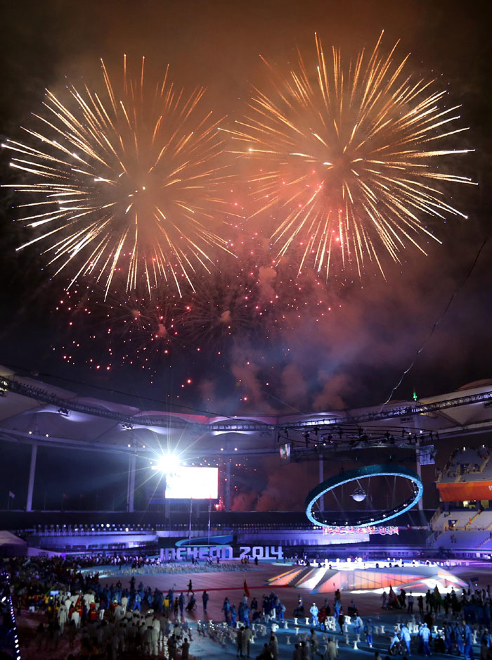 Fireworks decorate the sky during the opening ceremony of the Incheon Asian Para Games.