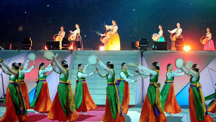 Dancers perform the Dance With a Drum, or <i>Bangochum</i>, during the closing ceremony of the Incheon Para Asian Games.