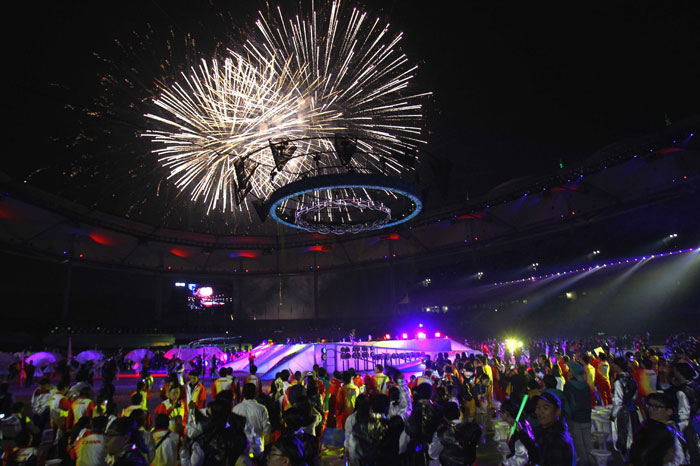 Fireworks decorate the sky over Incheon during the closing ceremony of the Incheon Para Asian Games.