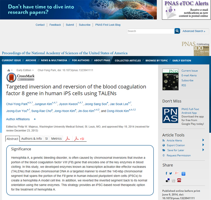 Research results titled, 'Targeted inversion and reversion of the blood coagulation factor 8 gene in human iPS cells using TALENs,' was published online in the Proceedings of the National Academy of Sciences (PNAS) on June 10. 