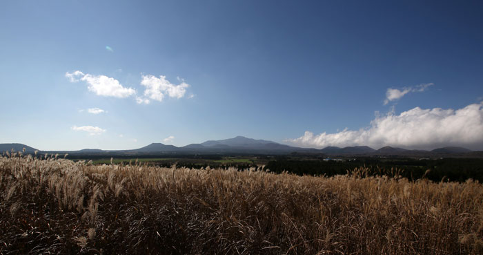 Hallasan Mountain on a sunny day. This 1,950-meter dormant volcano is the center of Jeju Island.