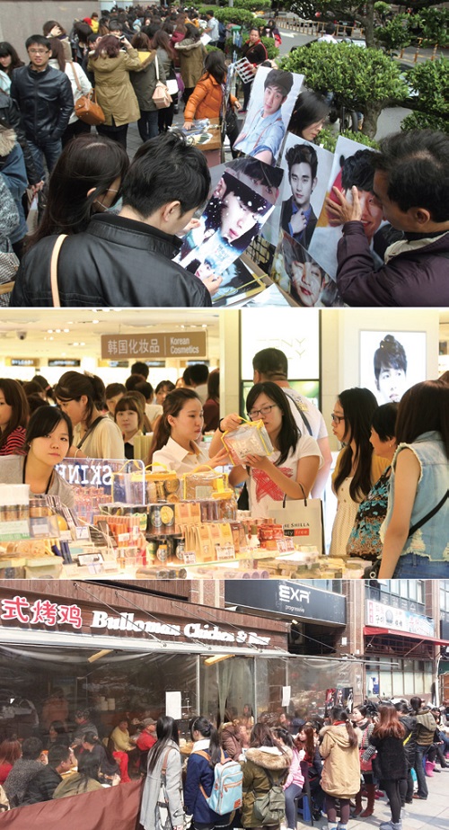 Fans of Korean dramas purchase Korean-made goods including posters of their favorite actors and Korean cosmetics. Due to the drama “My Love From the Star,” the chicken and beer combo (bottom) has become popular in China, such as at this chicken and beer joint in Shanghai. © Yonhap News