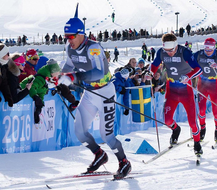 Magnus Kim of Korea competes during the cross-country skiing men's 10-kilometer free event at the Lillehammer 2016 Olympic Winter Youth Games in Lillehammer, Norway, in February 2016. He won both silver and gold medals at the competition.