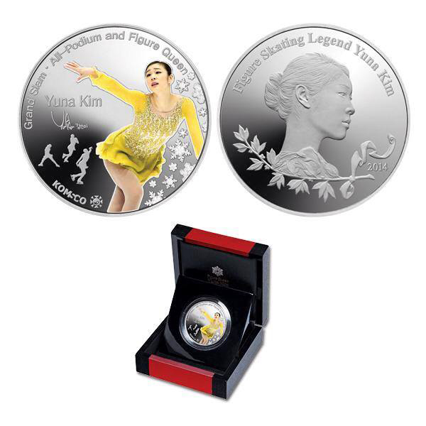 Commemorative medals for figure skating star Kim Yuna feature the Olympian in action on the ice, along with the words, “Grand Slam - All-Podium and Figure Queen,” explaining some of the achievements Kim has earned throughout her career. (photo courtesy of Kim’s official Facebook page)