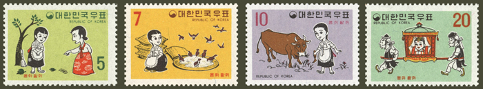 The Kongjwi and Pattgwi stamps were printed on September 1, 1969. (From left) Kongjwi is scolded by her stepmother; sparrows help Kongjwi; a cow helps Kongjwi; Kongjwi is carried off to be married happily ever after. (image courtesy of Korea Post)