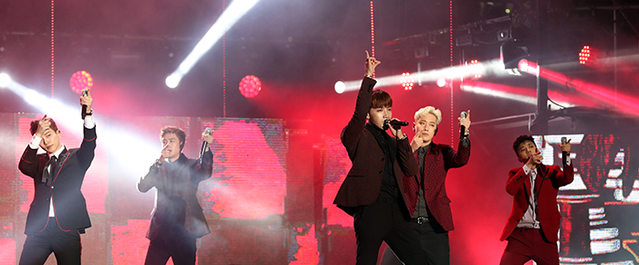 Boy band 2PM performs during the opening ceremony for the Korea Sale Festa along Yeongdong-daero Boulevard in Gangnam-gu District, Seoul, on Sept. 30.