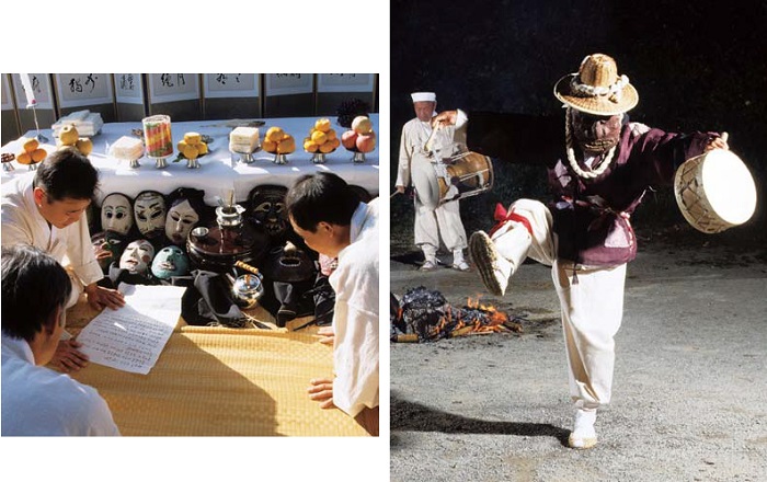 A written prayer is read to announce the beginning of a mask dance performance. (left) The leper's drum dance from the five-clown mask dances of Goseong.