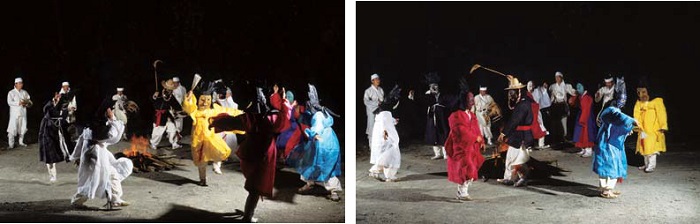 Scenes from the five-clown mask dances of Goseong. The nobleman and the servant dance together.