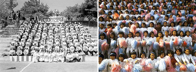 An autumn athletics day event would not be complete without energetic cheering by all involved. Pictured, students of the newspaper and broadcasting department at Ewha Womans University (left) prepare to cheer on their teammates during a college-wide athletics day event in 1962. More than a decade later, in 1977, students at Daesin Elementary School in Seoul (right) cheer on their classmates (photos courtesy of the National Archives of Korea).