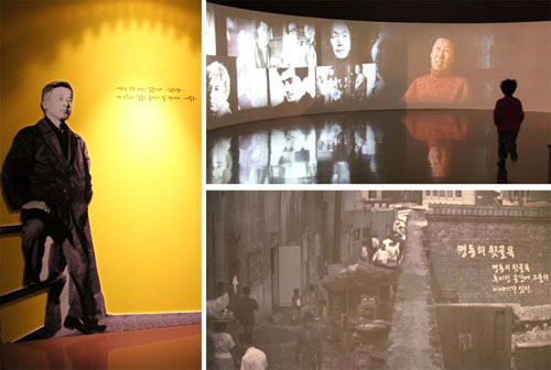 Novelist and journalist Lee Bong-gu (left) was also called "The Count of Myeongdong." A video flashes images of the artists who gathered in Myeongdong (top right). A photograph of a Myeongdong alley after the war (bottom right).