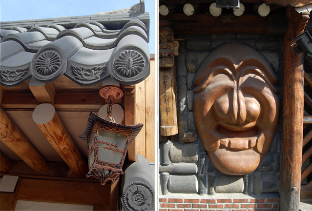 Left: Traditional architecture can be found in the unlikeliest corners of Pimatgol. Right: A restaurant is adorned with a giant yangban mask, which originally served as a parody of the aristocracy.