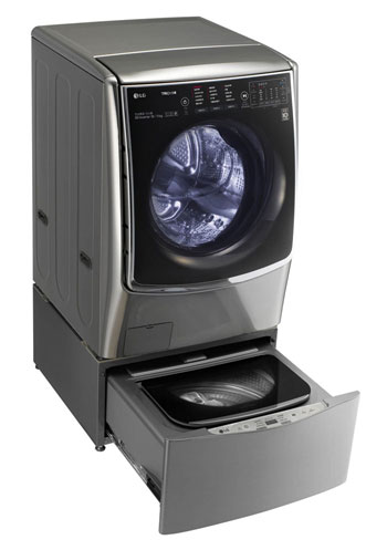 The LG Twin Wash can be both front loaded and top loaded, allowing customers to save both time and electricity by using both or one of the two washers.