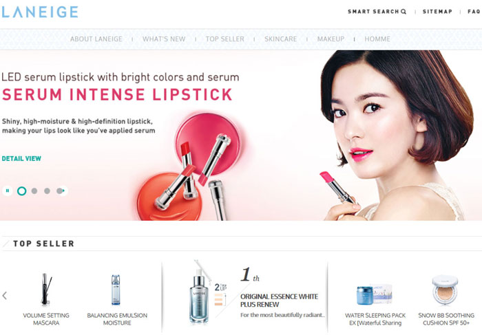 The homepage of Laneige features actress Song Hye-kyo to promote its best-selling products. 