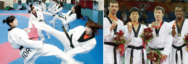 (left) Winter training is in full swing. (right) Cha Dong-min holds his gold medal at the 2008 Beijing Olympics.