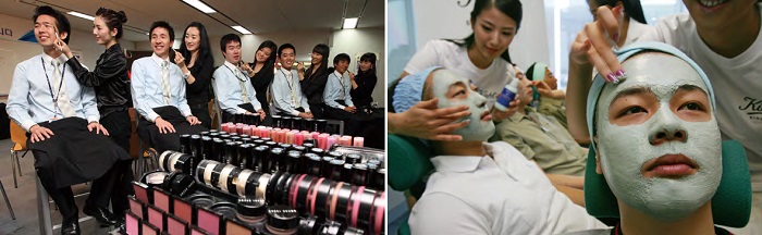 Male employees (top) of Korean Air receive professional makeup training. Men (bottom) soothe their fatigued and overworked skin with a cleansing facial massage.© Yonhap News