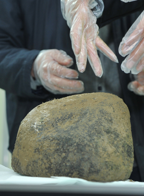 Researchers from the Korea Polar Research Institute examine a rock that was later found to be a meteorite. 