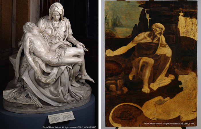 (From left) “Cast of Michelangelo's Pietà,” 1975, Laboratorio Marmi dei Musei Vaticani, after the original in St. Peter's Basilica (1498-99), 175x195츠 / ⓒMusei Vaticani. All rights reserved ⓒ 2012, GENIUS MMC //“St. Jerome in the Wilderness,” Leonardo da Vinci, Tempera and oil on walnut panel, da Vinci 1452 - Amboise 1519, 103x75cm / ⓒ Musei Vaticani. All rights reserved ⓒ2012,GENIUS MMC