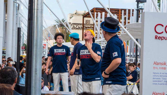 The comedy team Ongals performs at an outdoor theater at the Korea Pavilion at Expo Milano 2015 on Oct. 9. 