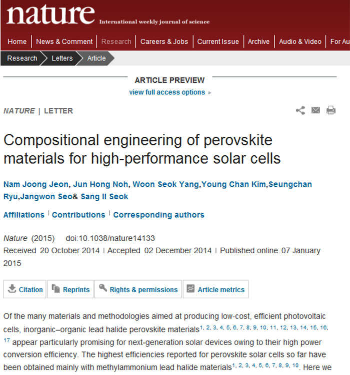 Research results into a newly developed perovskite solar cell are published online in Nature.