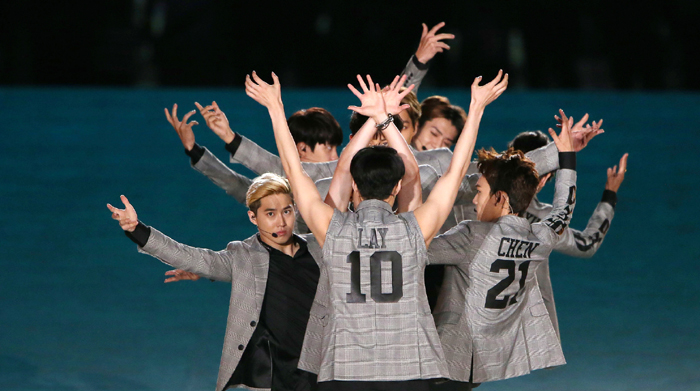 Pop bands JYJ and EXO electrify the audience during the opening ceremony of the Incheon Asian Games 2014, held at the Incheon Asiad Main Stadium on September 19. 