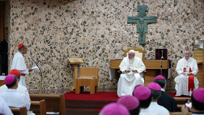 Pope Francis (second from right) holds a meeting with bishops from across Asia at the Shrine of Haemi in Seosan, South Chungcheong Province, on August 17.