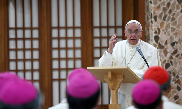 Pope Francis gives a sermon during the meeting with Asian bishops.