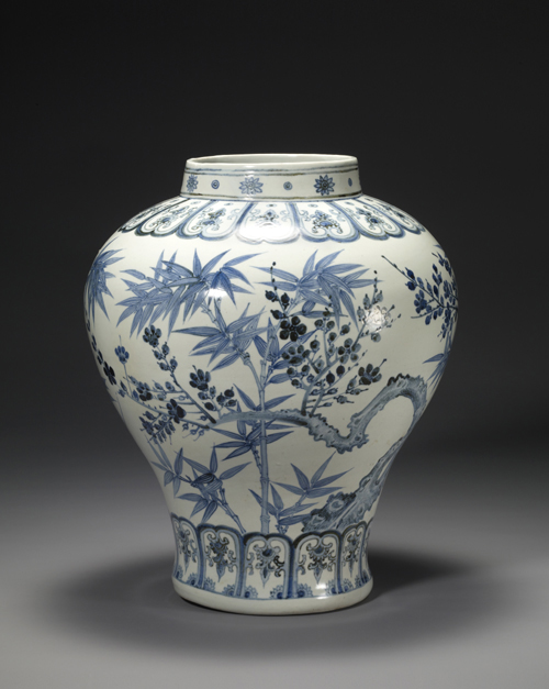 A jar designed with apricot flowers and bamboo comes from the 15th century Joseon Dynasty. 