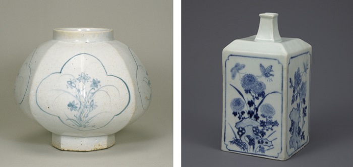 Blue-and-white porcelain jars from the 18th and 19th centuries feature pictures of wild flowers (left) and flowers, stones and butterflies. 