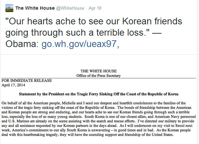 The White House sends condolences to the ferry victims and their families via its official Twitter. (captured from the White House official Twitter)