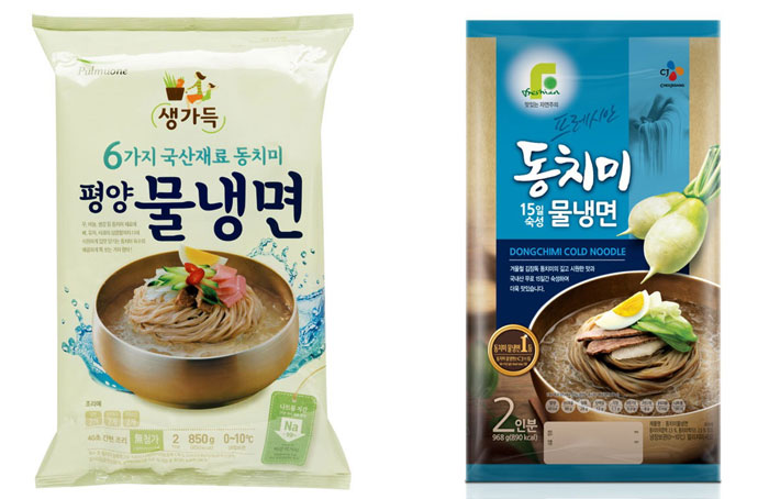 Refrigerated <i>mulnaengmyeon</i> products by Pulmuone (left) and CJ (right), two Korean food manufacturers. 