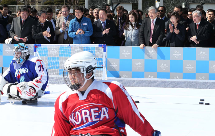 Sled hockey is played during the PyeongChang Paralympics Day promotional event for the 2018 Paralympic Games. 