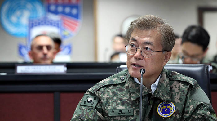 President Moon Jae-in speaks during his visit to the Republic of Korea-U.S. Combined Forces Command on June 13.