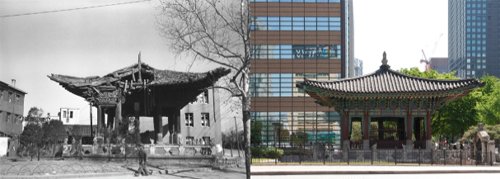 The 40th Anniversary Monument of Gojong's Enthronement, during the Korean War (left; by James Martenhoff) and today (right) (photo courtesy of the Seoul Museum of History)