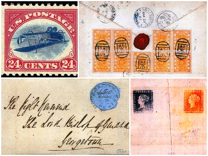 (From the top left, clockwise) The Inverted Jenny, with an airplane printed upside down; the String of Pearls envelope, with nine of China's first postal stamp, the Five Candarin Large Dragon; the Mauritius Proofs, misprinted with 'Post Paid;' and, a blue British Guiana stamp are all on display at the PHILAKOREA 2014 World Stamp Exhibition. (images courtesy of Korea Post)