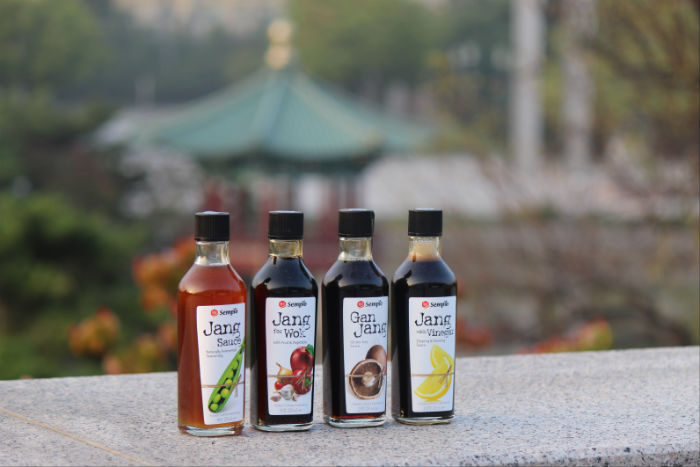 Many Sempio products are exported to Europe. (From left) Jang Sauce, Jang for Wok, Ganjang, and Jang with Vinegar.
