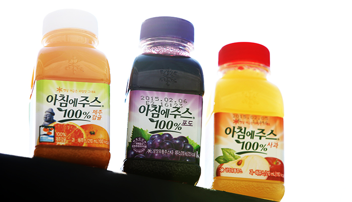 Seoul Milk produces more than just milk. Pictured are its Morning Juice line of orange-, grape- and apple-flavored beverages. 