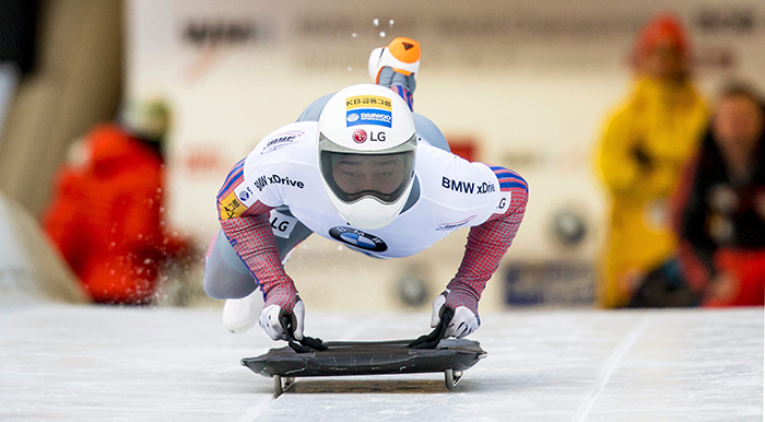 Yun Sung-bin launches himself down the track during the International Bobsleigh & Skeleton Federation (IBSF) World Championships on Feb. 19 in Austria.