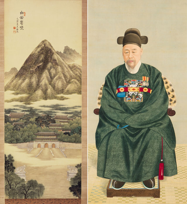 Baegakchunhyo (Registered Cultural Heritage No. 485) by An Jung-sik; (right) Portrait of Lee Gyu-sang by an unknown artist (donated by Lee Sang-eok) (courtesy of the National Museum of Korea)