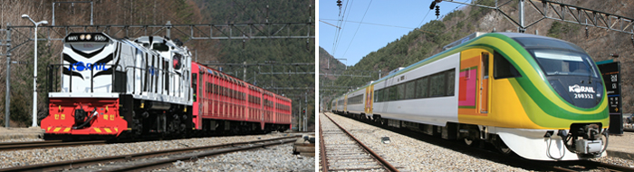 Korail is slated to launch the O-train (right) circulating the central inland region of Korea and the V-train (left) running through the Baekdudaegan mountain range starting on April 12 (photo courtesy of Korail).
