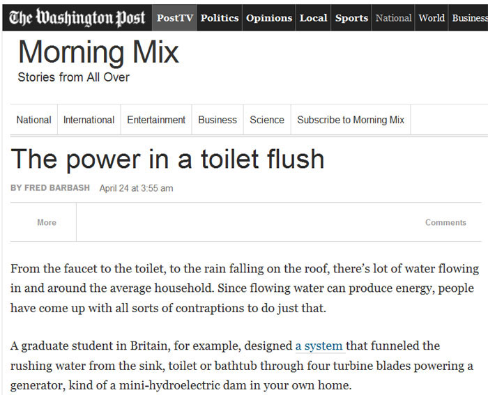 A captured image of the Washington Post article that reported on the new technology that can produce electricity from water drops.