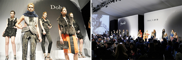 The designs of DOHO(left); the sumukhwa-themed presentation show at Concept Korea FW 12(right) (photos courtesy of the Korea Creative Content Agency).