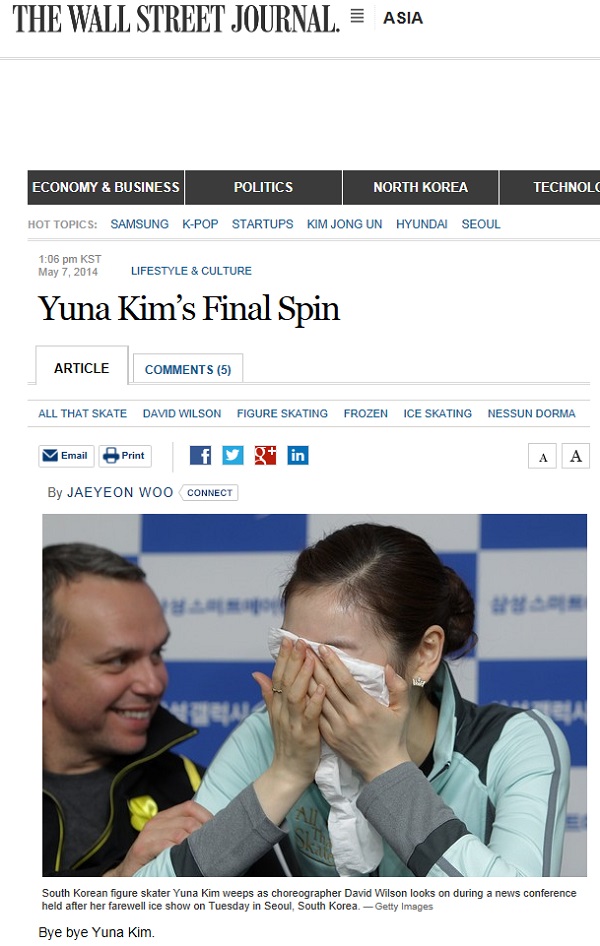 The Wall Street Journal’s May 7 article “Yuna Kim’s Final Spin.” (captured image from WSJ homepage)