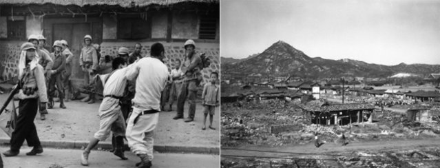 Tensions among Seoul citizens after the first retaking of Seoul (left, by Max Desfor); Jongno District was reduced to ruins (right, by James Martenhoff) (photos courtesy of Seoul Museum of History).