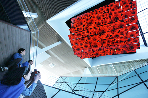 The giant media chandelier at the LG Pavilion is made of 54 LED television screens 