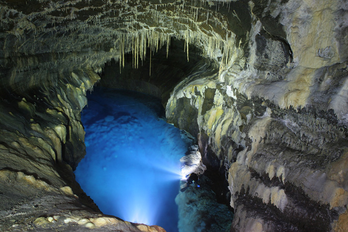 Yongcheon Cave, a lava tube cave filled with spring water on Jeju Island.