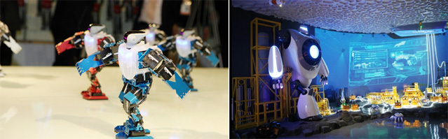Visitors to the Marine Robot Pavilion can watch a team of robots dancing to K-pop (left) and see the 6.5-meter tall Navi (right) (photos courtesy of the Expo 2012 Yeosu Korea Organizing Committee).