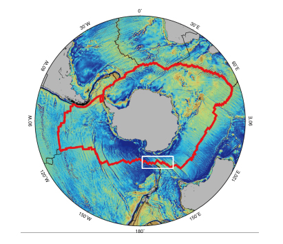  The red line indicates the system of mid oceanic ridges that surrounds Antarctica. The white square is where KOPRI researchers recently discovered new vents and ecosystems. 